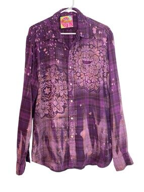 Handmade Floral Flannel Shirt Mens Size Large XL Purple Plaid Button Down Cotton